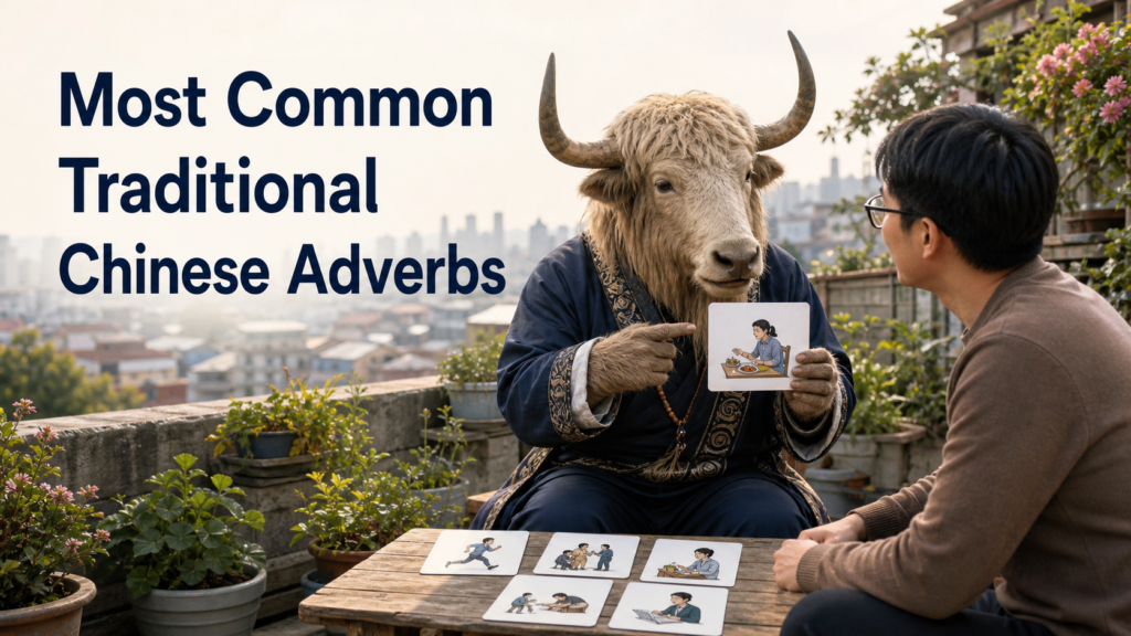 Adult Yak Yacker teaching Most Common Traditional Chinese Adverbs in city rooftop garden class.