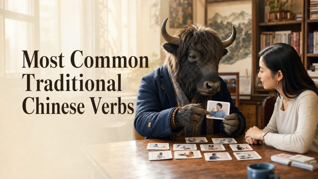 Adult Yak Yacker teaching Most Common Traditional Chinese Verbs in sunlit independent bookshop.