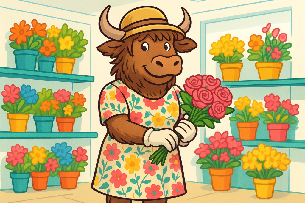 A yak mascot dressed as Mrs Dalloway, standing in a flower shop and holding a bouquet of pink roses, with a cheerful expression.
