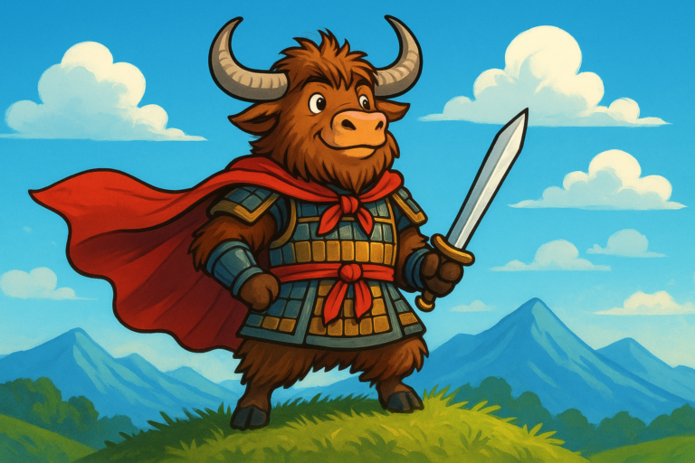 An illustrated personified yak dressed as Mulan in Chinese warrior armor, holding a sword and looking towards the horizon on a sunny day.