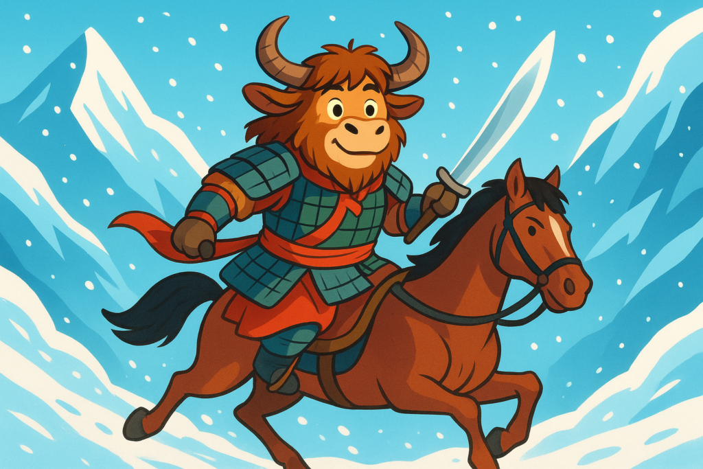 A personified yak dressed in Chinese armor as Mulan rides a horse through a snowy mountain pass, holding a sword. The yak has shaggy brown and white fur, curved horns, and a warm, determined expression. The illustration is bright and editorial with a modern palette.