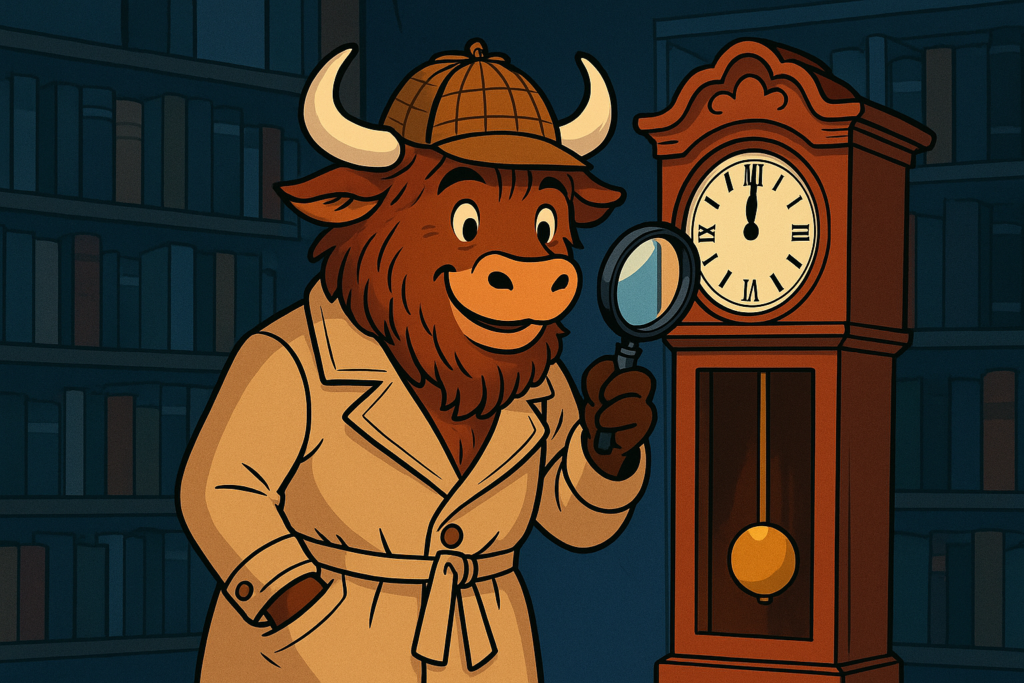 A personified yak dressed as a detective examines an antique grandfather clock with a magnifying glass in a cozy, book-filled study.