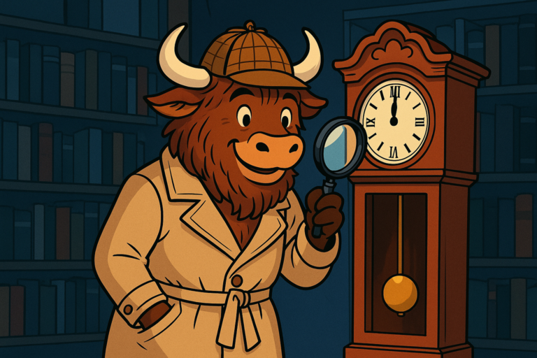 A personified yak dressed as a detective examines an antique grandfather clock with a magnifying glass in a cozy, book-filled study.