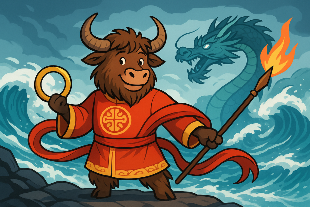 A personified yak dressed as the Chinese mythological hero Nezha, with a red sash and golden ring, confronting a dragon king in stormy seas.