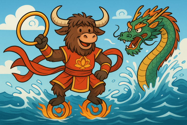 An illustration of the Yak Yacker mascot, a yak with shaggy fur and horns, dressed as the Chinese mythological hero Nezha. The yak stands on fiery wheels above the ocean, holding a golden ring, with a red sash swirling around. A dragon emerges from the water behind, looking angry.