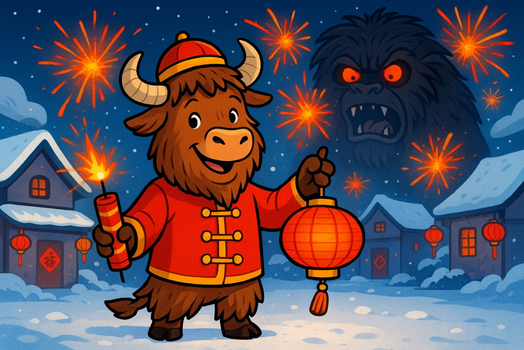 The Yak Yacker mascot, a friendly upright yak in a red Chinese New Year outfit, holds a firecracker and lantern in a snowy village. The Nian monster looms in the background, startled by exploding fireworks and red decorations.