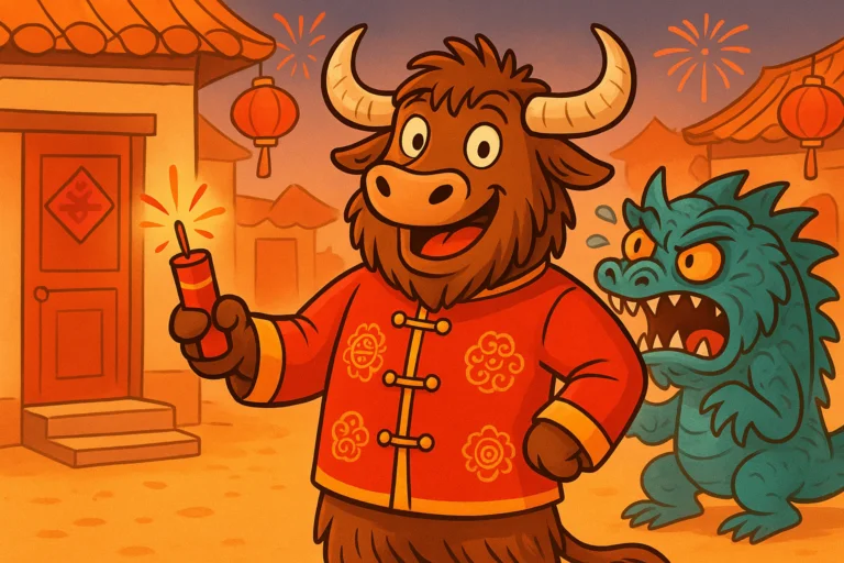 A cartoon yak mascot dressed in a red Chinese New Year suit, holding a firecracker, while a monster with horns retreats in the background, surrounded by red lanterns and festive decorations.