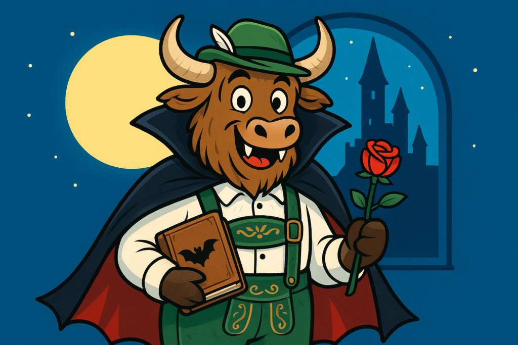 A yak mascot dressed as a vampire with a Bavarian hat and lederhosen, holding a book and a rose, standing in front of a moonlit window with a castle silhouette.