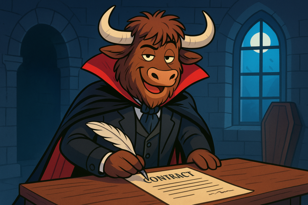 A yak dressed as a vampire, wearing a black cape with a red-lined collar, holding a quill over a contract in a dim castle room. He has a humorous, friendly expression.