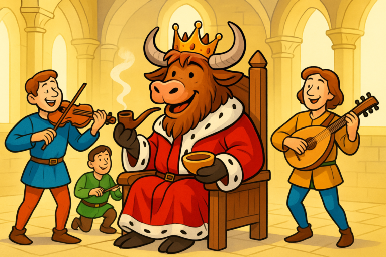 A cartoon yak dressed as a king with a crown and red robe sits on a throne, holding a pipe and bowl, smiling joyfully, while three fiddlers play music in a bright medieval hall.