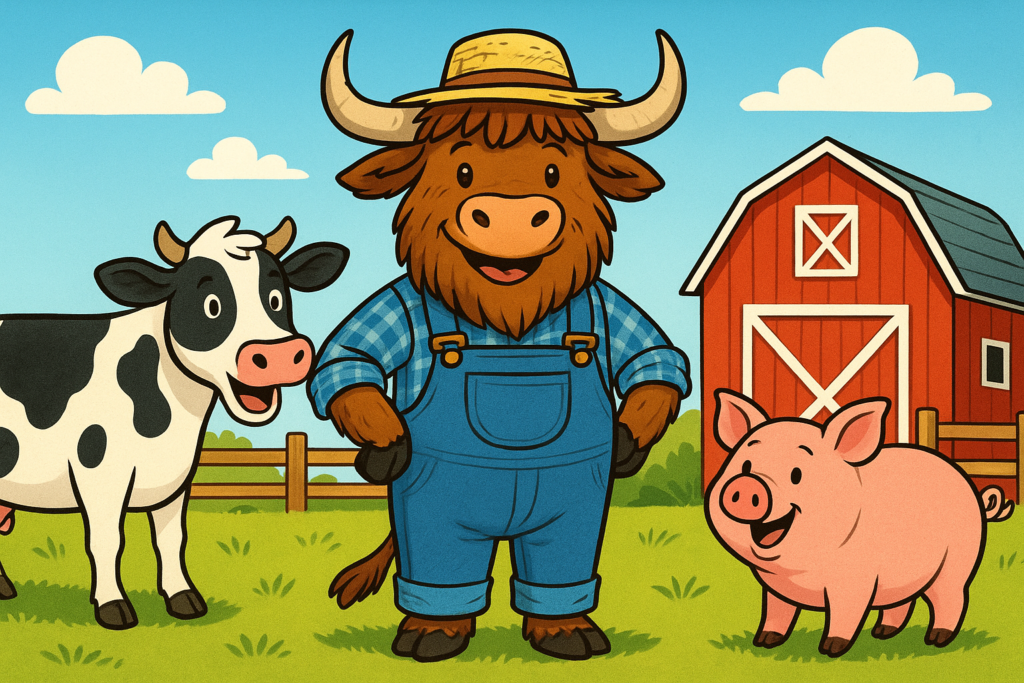 A cheerful yak mascot dressed as a farmer in overalls and a straw hat stands in front of a red barn, with a mooing cow and an oinking pig beside him on a sunny farm.