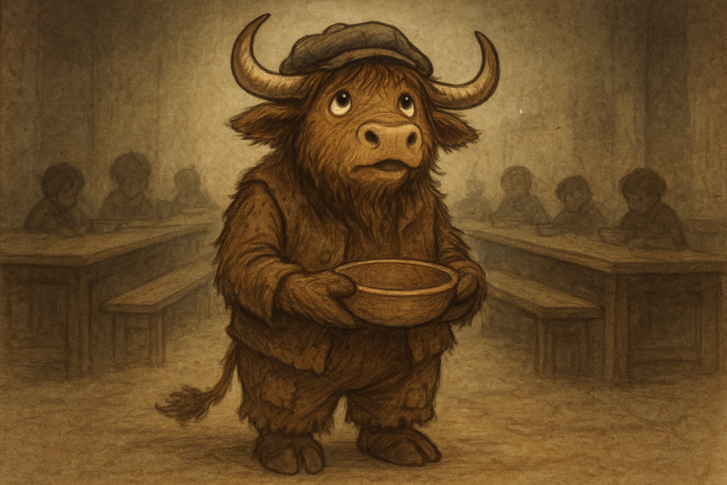 Anthropomorphic yak in tattered Victorian boy's clothes holding an empty wooden bowl, looking up hopefully in a dim workhouse interior.