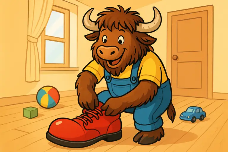 A friendly upright yak with shaggy fur and curved horns, dressed in a yellow shirt and blue overalls, buckling a large red shoe in a cheerful, sunlit room.