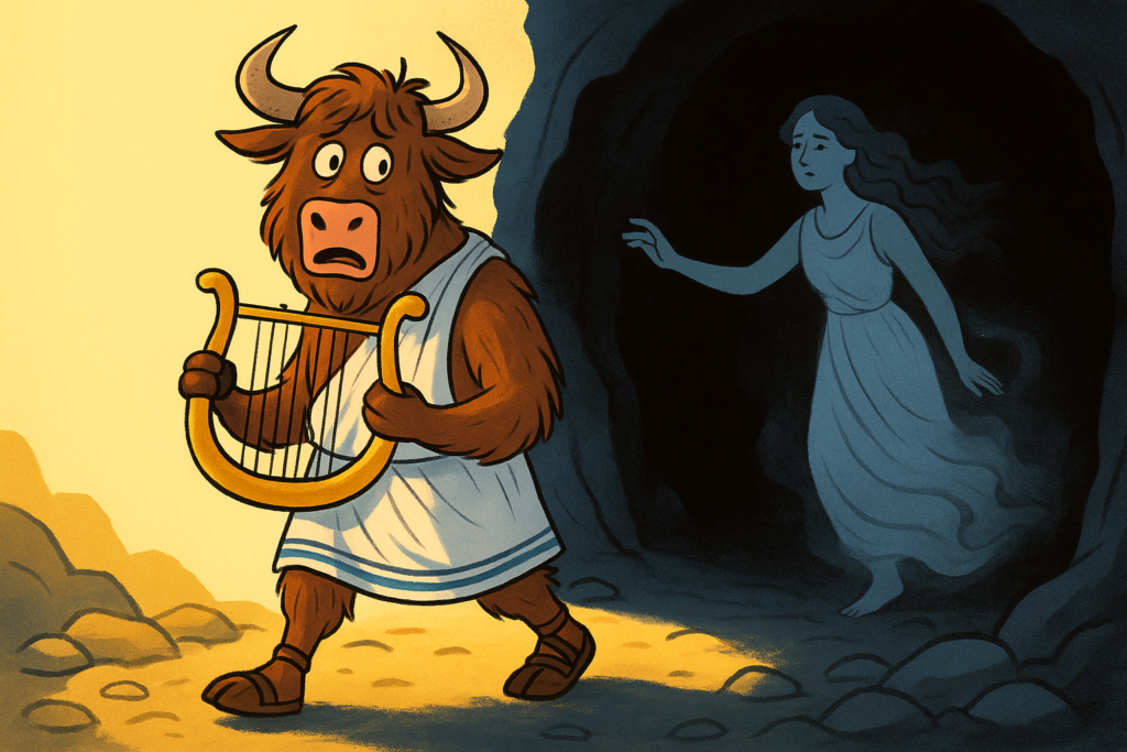 A personified yak dressed as the Greek musician Orpheus, holding a lyre, steps into sunlight and turns back to see Eurydice fading into the darkness of the underworld.