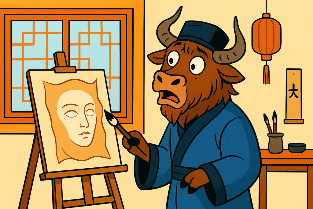 A yak dressed as a Chinese scholar, holding a paintbrush and looking shocked as he works on a painted human face stretched on an easel, set in a traditional study with a window and lantern.