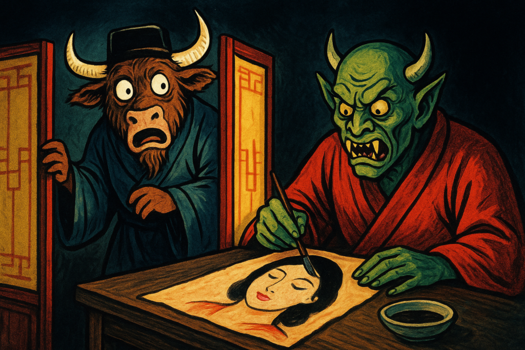 A yak dressed as a Chinese scholar peeks fearfully from behind a screen as a demon paints a face on skin.