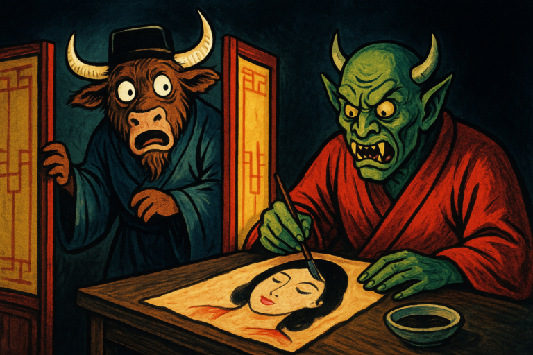A yak dressed as a Chinese scholar peeks fearfully from behind a screen as a demon paints a face on skin.