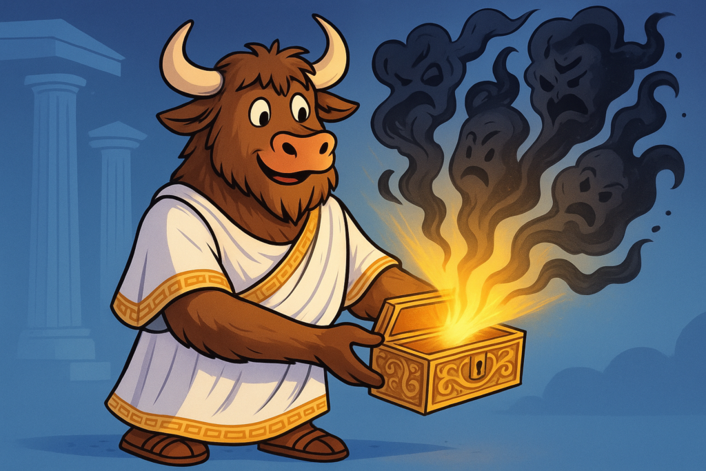 A cartoon yak dressed in ancient Greek clothing holds an open ornate box, from which dark shapes and a golden light escape, representing the story of Pandora's Box.