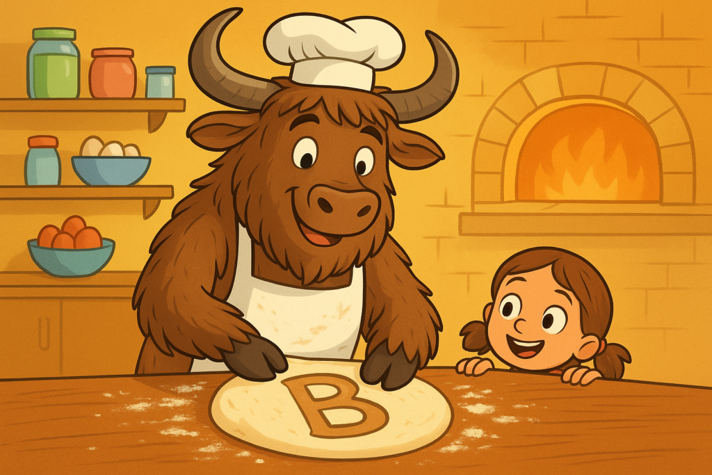 A smiling yak baker in a chef hat and apron pats a cake on a flour-dusted table while a young girl peeks over with eager eyes, a 'B' marked in the dough.