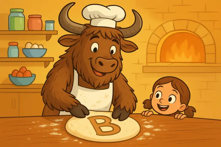 A smiling yak baker in a chef hat and apron pats a cake on a flour-dusted table while a young girl peeks over with eager eyes, a 'B' marked in the dough.