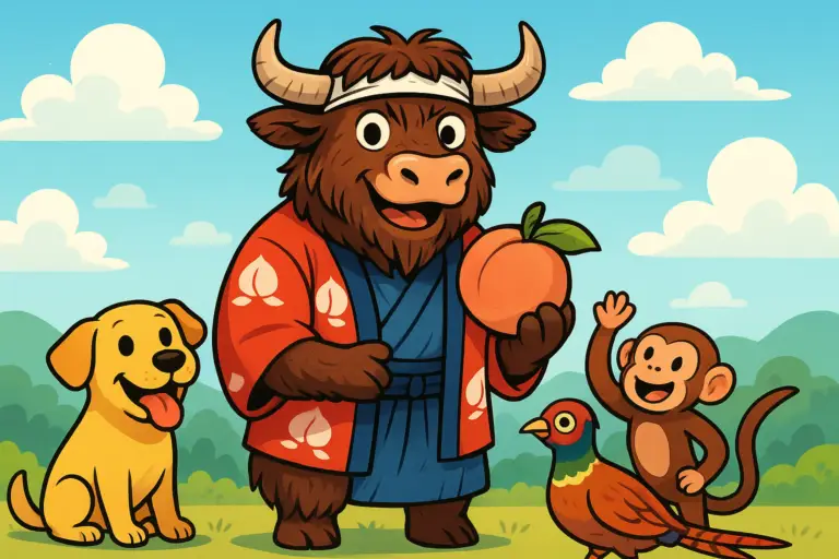 A cartoon yak dressed as the Japanese folk hero Momotaro, holding a giant peach, accompanied by a dog, a monkey, and a pheasant.
