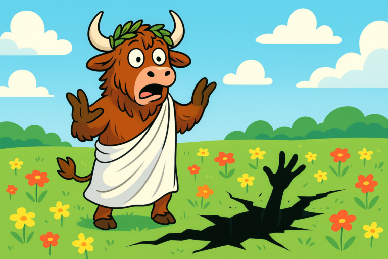 A personified yak dressed as the Greek goddess Persephone stands in a flower field, looking startled as a dark crack opens in the ground and a shadowy hand reaches up.