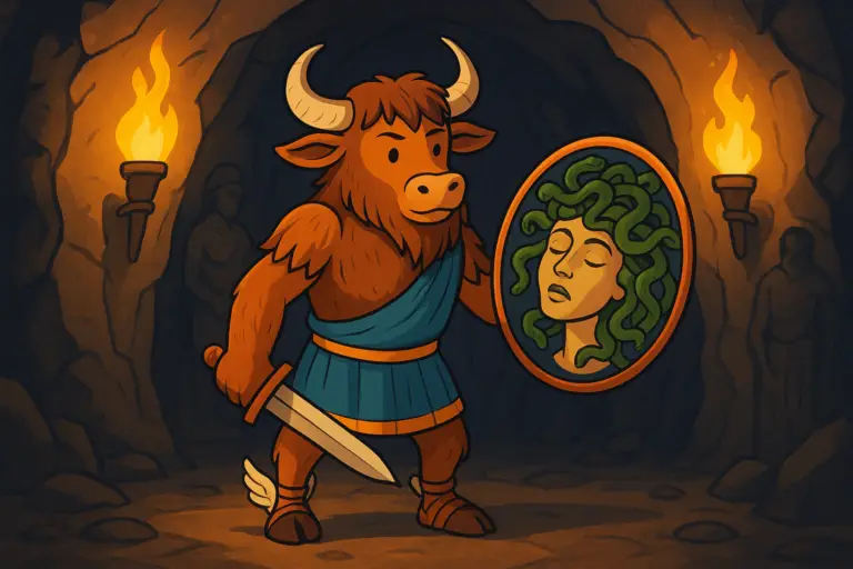A cartoon yak dressed as Perseus in a Greek tunic and winged sandals crawls through a cave, holding a shiny shield. Reflected in the shield is the sleeping Medusa with a head of snakes.