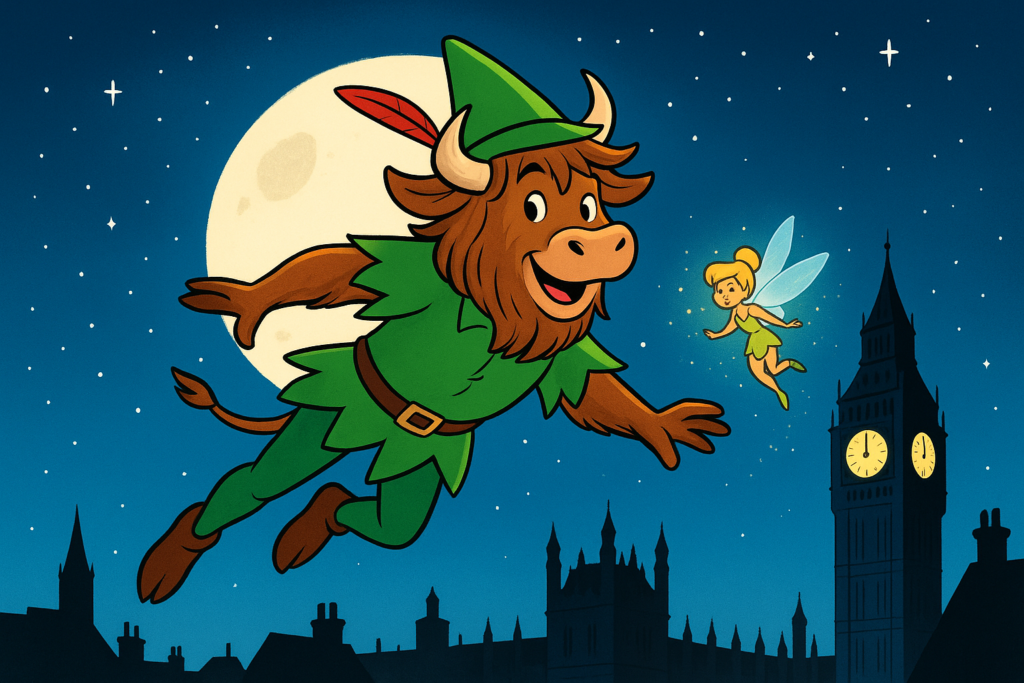 A yak mascot in a Peter Pan costume flies over London at night alongside a glowing Tinker Bell fairy, with Big Ben in the background under a starry sky.