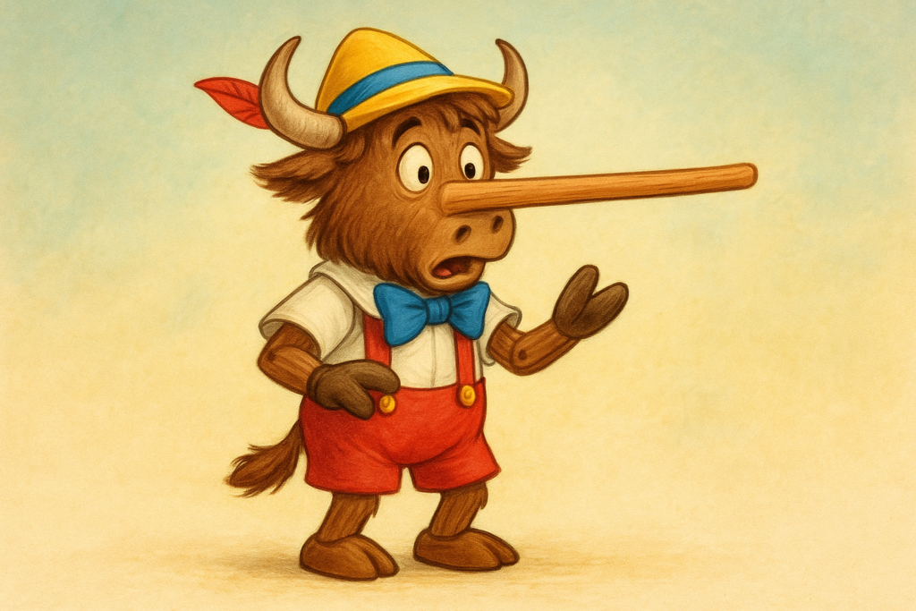 A personified yak dressed as Pinocchio with a long wooden nose, looking surprised, in a colorful editorial illustration.