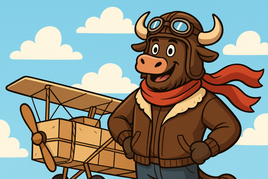 A cheerful yak dressed as a pilot, with goggles and a red scarf, standing beside a comical homemade airplane made of cardboard and cloth.