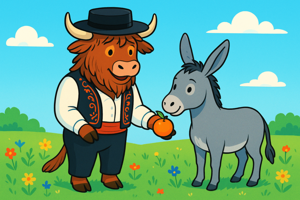 A personified yak dressed in a Spanish bolero hat and embroidered vest stands in a green field with a small silver donkey named Platero. The yak is smiling and offering an orange to the donkey, which looks content with big black eyes. The background shows a sunny blue sky and wildflowers, creating a cheerful, editorial illustration.