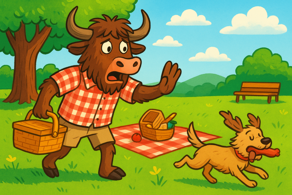 A personified yak mascot in a red checkered shirt stands in a sunny park holding a picnic basket, while a dog named Rover runs away with a stolen sausage.