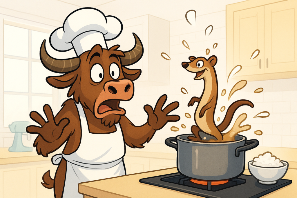 A yak wearing a chef's apron and hat jumps back in surprise as a weasel bursts out of a steaming pot, sending rice and treacle flying in a colorful, cartoon editorial illustration.