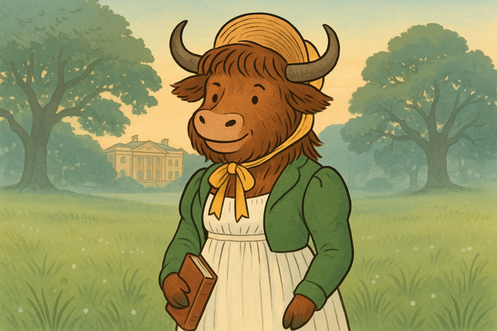 A personified yak dressed in a Regency-era women's white dress, green jacket, and straw bonnet stands in a dewy meadow holding a book, with a grand house among oak trees in the misty background.