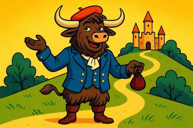 A yak mascot dressed as a French character with a beret and boots, posing confidently with a pouch, in a bright cartoon illustration.
