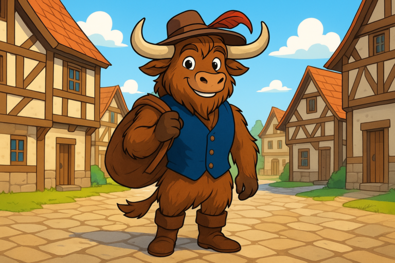 A personified yak mascot dressed as Puss in Boots, wearing a feathered hat and tall boots, standing in a medieval village.