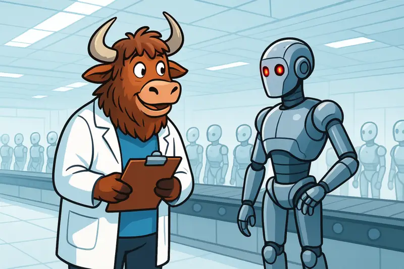 A personified yak in a lab coat stands in a futuristic robot factory, holding a clipboard and examining a robot on an assembly line. The robot has a flickering red eye, while other robots remain still in the background.