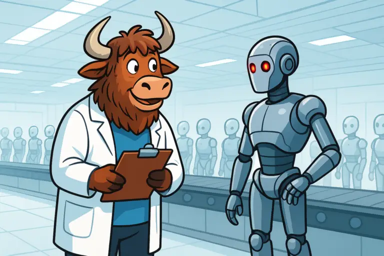 A personified yak in a lab coat stands in a futuristic robot factory, holding a clipboard and examining a robot on an assembly line. The robot has a flickering red eye, while other robots remain still in the background.