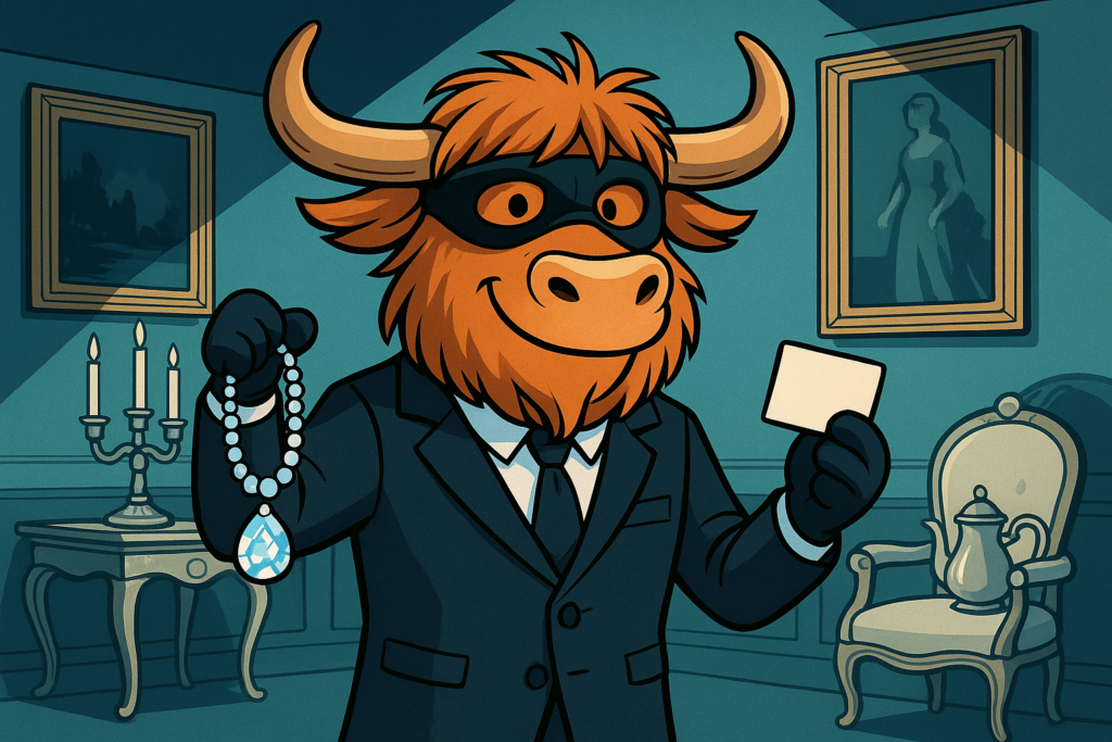 The Yak Yacker mascot, a personified yak, dressed as a stylish gentleman thief in a dark suit, holding a diamond necklace and a blank card in a dimly lit room full of valuables.