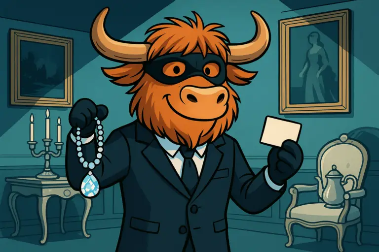 The Yak Yacker mascot, a personified yak, dressed as a stylish gentleman thief in a dark suit, holding a diamond necklace and a blank card in a dimly lit room full of valuables.