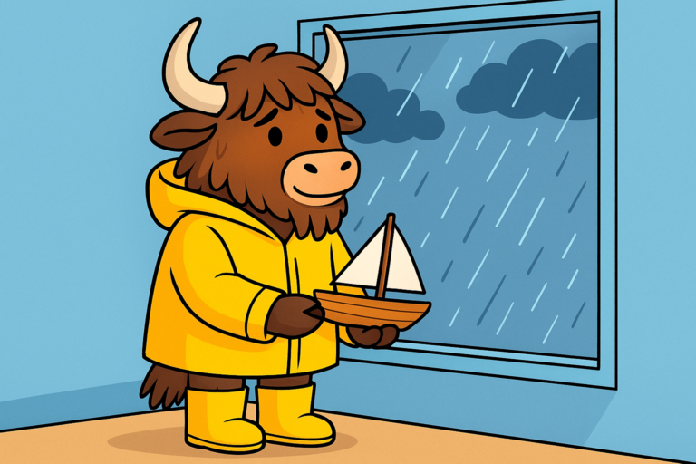 A yak wearing a yellow raincoat and boots holds a toy boat while looking out a rainy window.