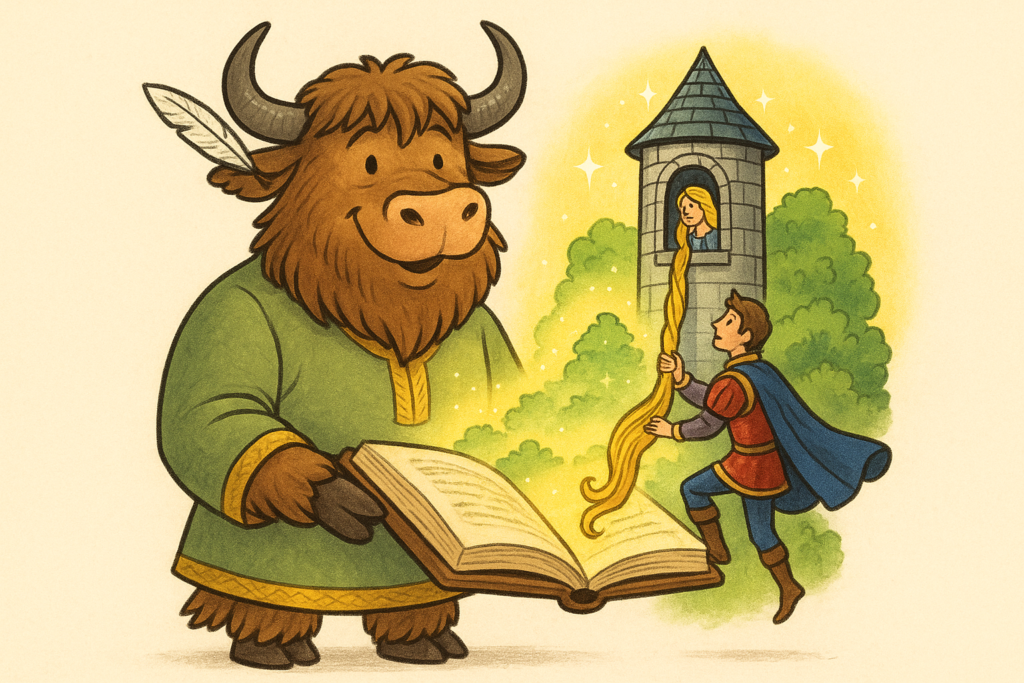 A shaggy yak mascot dressed in a medieval tunic stands beside an open book. A magical scene rises from the pages: a stone tower, Rapunzel with flowing golden hair, and a prince climbing her braid, all set in a bright, enchanted forest.