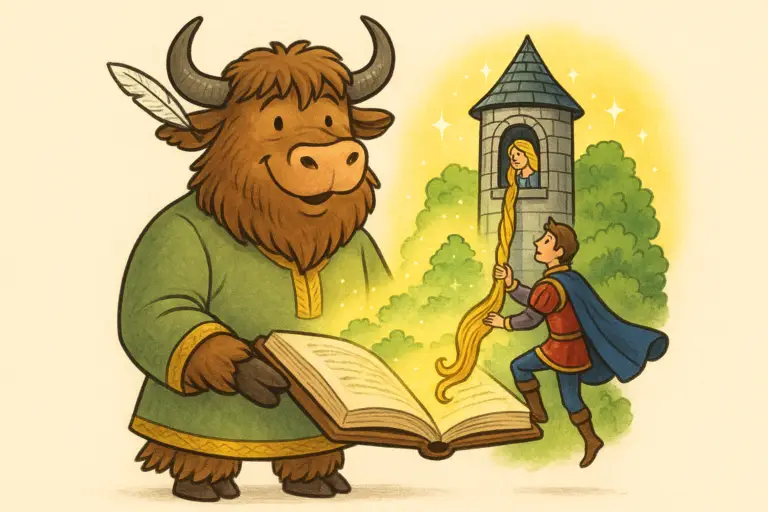 A shaggy yak mascot dressed in a medieval tunic stands beside an open book. A magical scene rises from the pages: a stone tower, Rapunzel with flowing golden hair, and a prince climbing her braid, all set in a bright, enchanted forest.