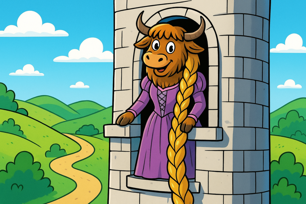 A yak mascot dressed as Rapunzel leans out of a tall stone tower window, letting down her incredibly long golden braid. The yak has shaggy fur, curved horns, and a friendly, funny face.