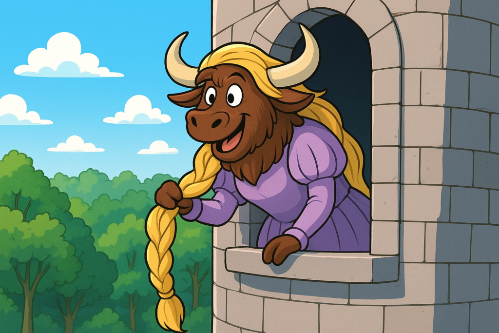 A cartoon yak with shaggy fur and curved horns, dressed as Rapunzel in a lavender gown and long golden braid, leans out of a stone tower window in a forest.