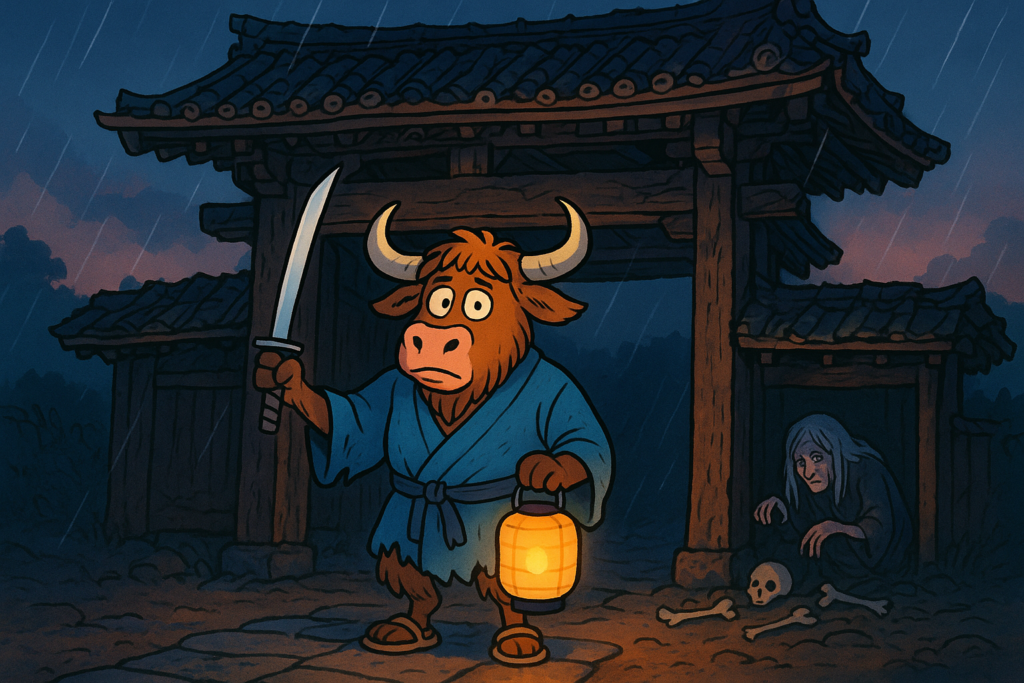 Personified yak mascot in a Heian servant's kimono stands under the Rashomon gate, holding a lantern and sword, looking nervously at a ghostly old woman crouching among bones.