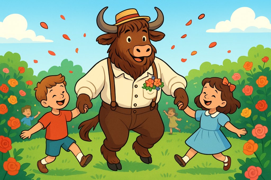 A shaggy yak with curved horns stands upright wearing a vintage play outfit and a straw hat, holding hands with two smiling children as they dance in a circle in a sunny rose garden; some children sneeze and posies peek from the yak's pocket.