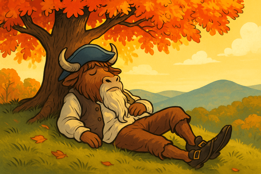 A yak mascot with shaggy brown fur and curved horns, dressed as Rip Van Winkle in a blue tricorne hat and colonial clothes, sleeps on a grassy slope under a tree with bright autumn leaves, bathed in golden light.