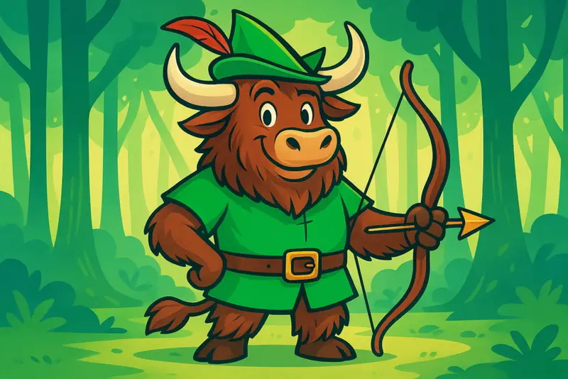 A cartoon yak person dressed as Robin Hood in a green tunic and feathered cap, holding a bow and a golden arrow, with a playful expression, against a forest background.