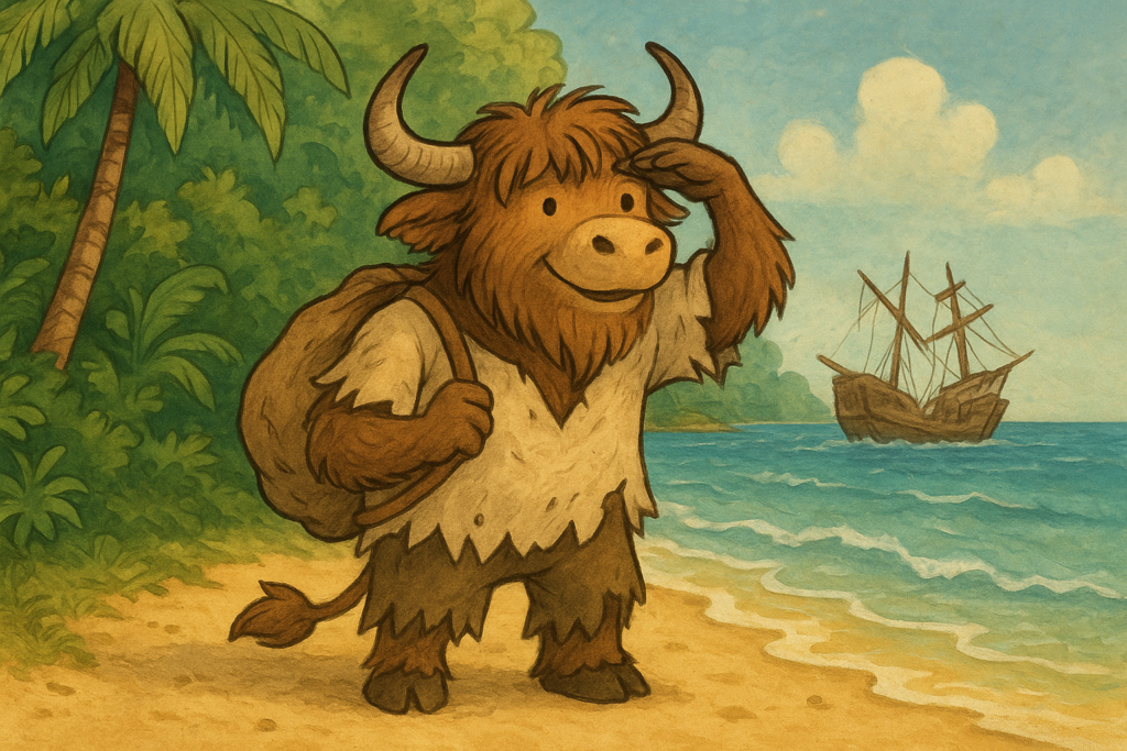 A personified yak with shaggy fur and curved horns, dressed in tattered Robinson Crusoe clothes, stands on a beach shading its eyes as it looks at a distant wrecked ship, with a jungle in the background.